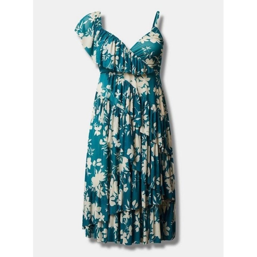 Torrid Womens Floral Mesh‎ Tiered Ruffle One Shoulder Midi Dress Size 2 Cottage